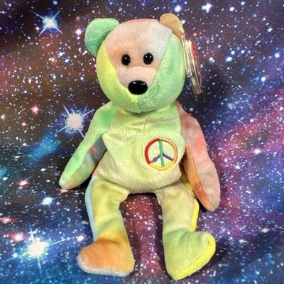 TY BEANIE BABY, PEACE THE BEAR, RARE AND RETIRED IN 1997. RETRO, ICONIC, TIE DYE - Image 1 of 4