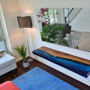 35"x15" Blue Epoxy Resin Table Top Live Edge Wood Console Table Furniture Decors - Picture 1 of 11