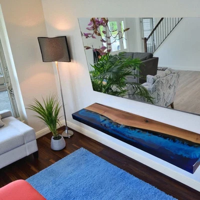 35"x15" Blue Epoxy Resin Table Top Live Edge Wood Console Table Furniture Decors - Image 1 of 4