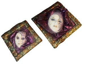 Porcelain Venetian Mask Wall Art Made in Taiwan Purple Gold Pair - Picture 1 of 14