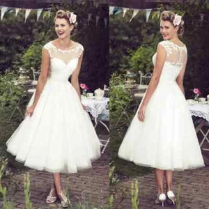 Vintage Short Wedding Dresses Scoop Neck Tea Length Lace Appliques Bridal Gowns - Picture 1 of 8