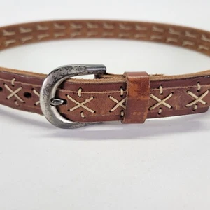 Distressed Leather Belt 28 30 X Stitched Western Brown Vtg - Picture 1 of 12