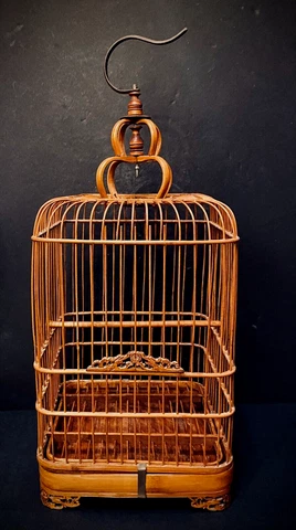 Large 22" Vintage Chinese Decorative Square Bamboo and Teak Bird Cage Cover