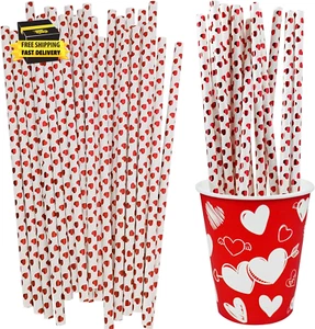 50 Pcs Heart Shape Straws Foil Valentine'S Day Heart Paper Straws Drinking Straw - Picture 1 of 5