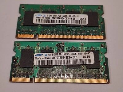 2x 512 MB Samsung PC2-5300 SODIMM DDR2 M470T6554EZ3-Ce6 - Image 1 of 4