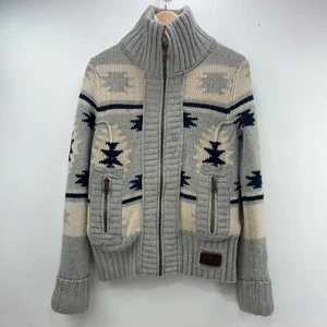 Superdry Chunky Knit Cardigan Jumper Woman’s Size Large Wool Grey High Neck - Picture 1 of 16
