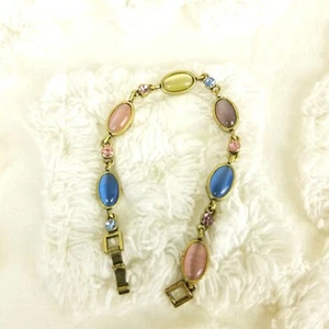 Lia Sophia Bracelet Aged Brass Tone Link Cab Rhinestone Multi Color Romantic 7" - Picture 1 of 12