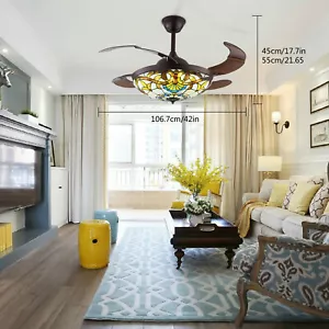 Tiffany Ceiling Fan with Light Glass Shade LED Chandelier Stained Retractable US - Picture 1 of 15