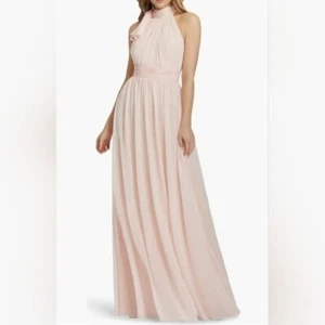 Nuevo con etiquetas Vestido Ieena para Mac Duggal Talla 16 Rosa Rubor Cuello Alto Acanalado Gasa Línea A - Imagen 1 de 16
