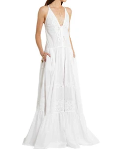 ROBERTO CAVALLI White Cotton Embroidered Plunging Maxi Dress Gown 42 6 or 44 8 - Picture 1 of 9
