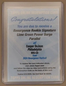 Cooper DeJean/15 2024 Topps Resurgence Redemption Auto Lime Green Surge - Imagen 1 de 2