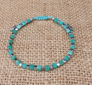 AMAZONITE AND SILVER HEMATITE HANDMADE ADJUSTABLE CUBE BEAD GEMSTONE BRACELET - Picture 1 of 4
