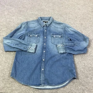 Camicia Lucky Brand Western Denim Uomo Blu Medio Perla Snap Manica Lunga Cowboy - Foto 1 di 11