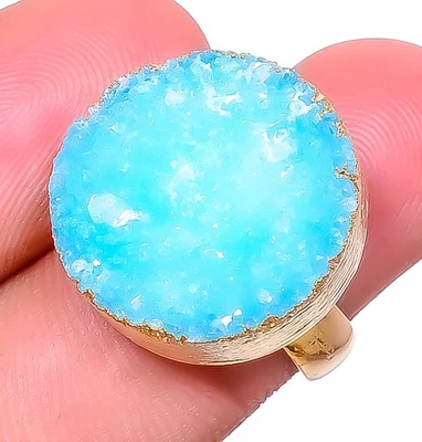 Anel de latão banhado a ouro eletroformado ágata geodo azul natural drusa Adst. (R17) - Imagem 1 de 4
