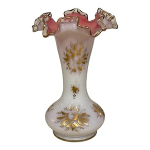 Beautiful Fenton Vintage Pink Crest Ruffle Vase Hand Painted Gold Flowers 9” - Picture 1 of 4