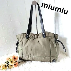 Miu Miu Nylon Leather Shoulder Bag Auth Khaki Women Italy 119910 - Picture 1 of 15