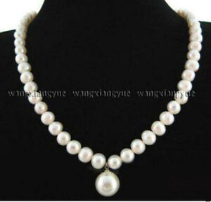 7-8MM White Akoya Cultured Pearl/12mm Round Shell Pearl Pendant Necklace 18"
