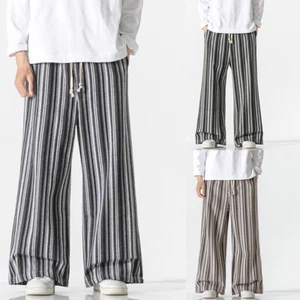 Mens Loose Striped Pants Drawstring Elastic Waist Trousers Casual Boho - Picture 1 of 15