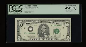 DBR 1993 $5 FRN New York Fr. 1982-B PCGS 45 PPQ Serial B72069981A - Picture 1 of 2