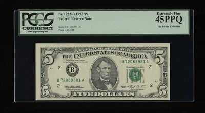 DBR 1993 $5 FRN New York Fr. 1982-B PCGS 45 PPQ Serial B72069981A - Image 1 of 2