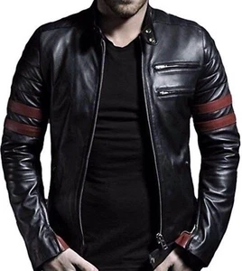 Men's Leather Jacket Café Racer Lambskin Motorcycle Black -Red Patti Genuine Men - Picture 1 of 7
