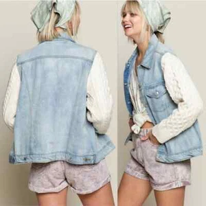 POL sweater sleeve denim jacket blue cream large - Picture 1 of 5