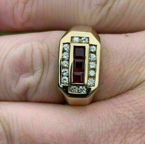 Princess Simulated Red Garnet Men's Classy Wedding Ring 14K Yellow Gold Plated