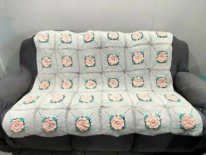 3D Pink Rose Flowers Afghan Blanket Granny Square Crocket Throw 72 x 60 in. - Picture 1 of 12