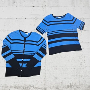 90s Vintage Blue Black Striped Liz Baker Knit Top Cardigan 2 Piece Size Medium - Picture 1 of 10