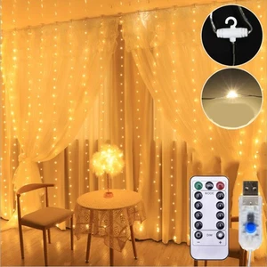 10FT x 10FT LED Window Curtain Light 8 Modes 300LED Warm White Controller USB - Picture 1 of 8