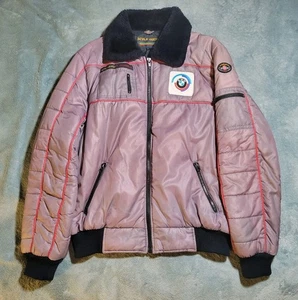 Vintage 80s Style Auto BMW Racing Puffer Jacket Fur Collar Mens Large Gray - Picture 1 of 24
