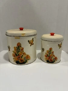 Antikes 2er Set Metall Kanister Tulpe & Schmetterling Aufkleber - Bild 1 von 19