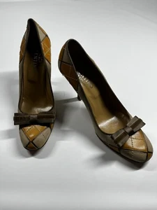 VALENTINO GARAVANI Beige Brown Mustard Argyle Suede Bow Vintage Pumps 38.5 TMC - Picture 1 of 16