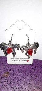 Hand-crafted s. steel earhooks/swarovski red crystal DERBY HORSE earrings - Picture 1 of 4