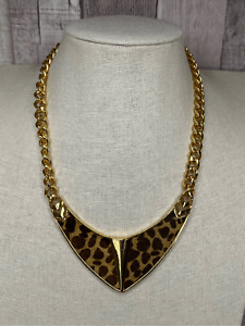 Vince Camuto Statement Gold Leopard Leather Tribal Style Herringbone Necklace