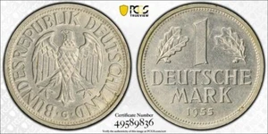 1955-G West Germany 1 Mark PCGS AU58 Lot#G7706 Key Date! J-385 - Picture 1 of 4