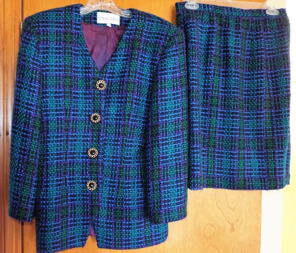 TRAJE TWEED VINTAGE DAVID HOLLIS 2 PIEZAS MORADO, AZUL, VERDE EE. UU. TALLA 8. FORRADO Foto 1 de 1