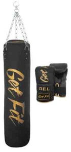 Get Fit 4ft Unfilled Punch Bag With Gold logo Kick Boxing Set Chain & Gloves - Picture 1 of 3