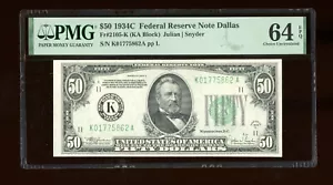 DBR 1934-C $50 FRN Dallas Fr. 2105-K PMG 64 EPQ Serial K01775862A - Picture 1 of 2