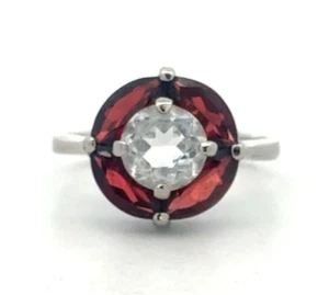 HAN 925 Sterling Silver Round Garnet White Topaz Solitaire Halo Cocktail Ring - Picture 1 of 11