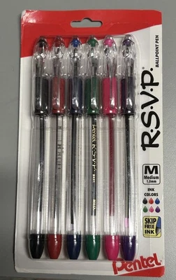 Pentel RSVP Ball Point Pen 1.0mm Med Point Capped Asst Colors 6/Pk Office School