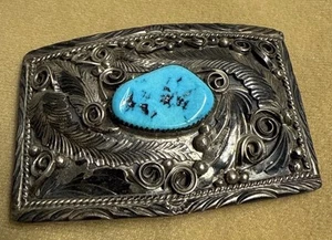 3 Inch Justin Morris Signed Sterling And turquoise Belt Buckle - Picture 1 of 8