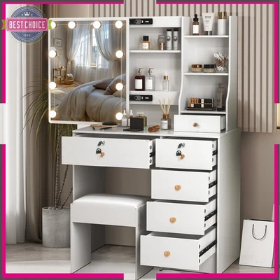 10 Bulbs LED Mirror Bedroom Makeup Dressing Vanity Table Stool for Gifts White - Image 1 of 4