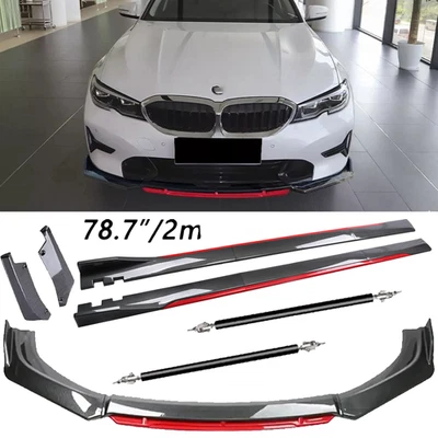 Carbon Fiber Look Red Front Lip Chin Bumper Side Skirt For BMW M3 M4 M5 Z4 Foto 1 de 4