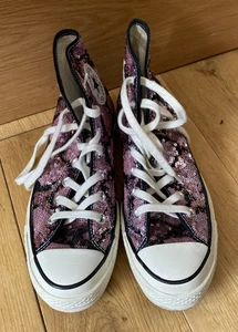 Converse Chuck Taylor All Star High Tops Trainers Sneakers Pink Black Sequins - Picture 1 of 10