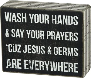 Primitives By Kathy Box Sign Jesus & Germs Pinstripe Trimmed 4 inch by 5 inch - Picture 1 of 2
