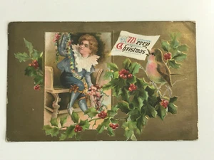 Postal Feliz Navidad Acebo Pájaro Cantor Repujado c1910 - Imagen 1 de 2
