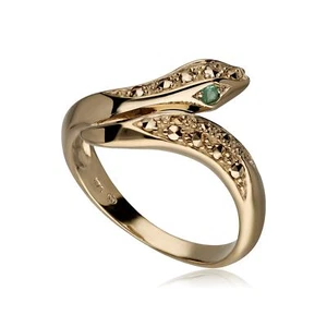 Anillo de serpiente marcasita ojo esmeralda en plata esterlina enchapado en oro - Imagen 1 de 2
