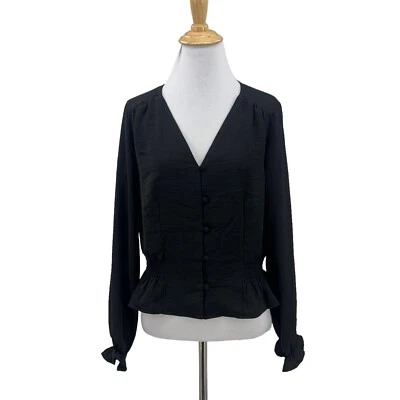 Topshop Button Up Peplum Blouse Womens 4 Black Long Sleeve Ruffle Cuff Top Foto 1 de 4