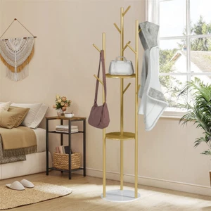 Metal Coat Rack Stand w 3 Tiers Shelves 9 Hooks Hall Tree Marble Base Gold Frame - Picture 1 of 12